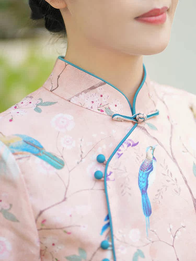 Chuchan 2021 Original Summer Improved Chinese Style Cheongsam Ramie Printed Stand Collar Buckle Long Dress