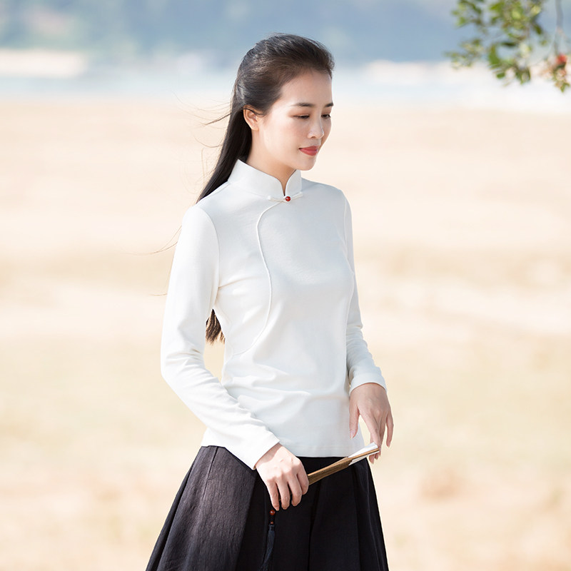 Early cicadas autumn and winter women's clothing improvement Chinese style Chinese wind retro temperament disc buckle Zen tea suit micro-slung bottom short-style blouses