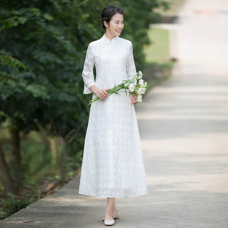 First cicadas original design Chinese style Chinese wind relaxation upright collar inclined flap retro-style white tea with long version of foreign dress