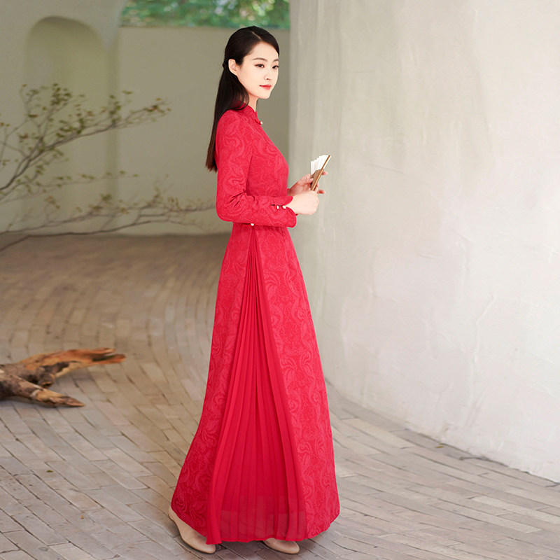 The first cicada Chinese style red cheongsam autumn and winter women's clothing improved Chinese retro high-end New Year Tang dress Ao Dai dress