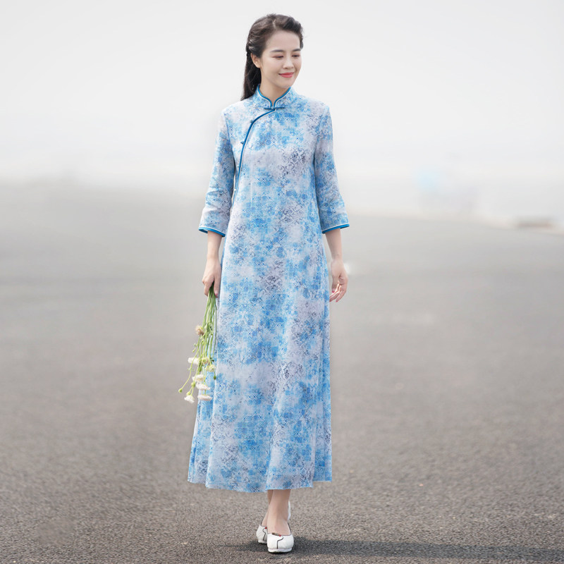 Chuchan 2020 summer new product Chinese national style cheongsam printed ramie cotton stand collar improved loose dress