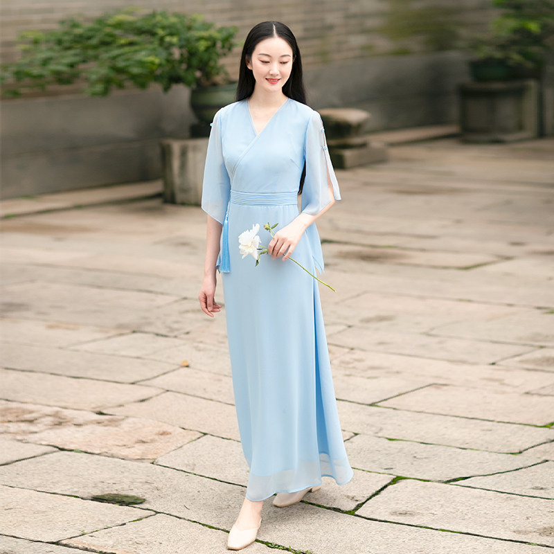 2020 summer women's clothing improved Chinese style Chinese style hand-collar Hanfu thin slim Chiffon fairy long version dress