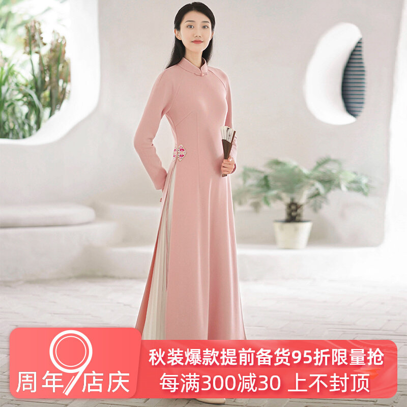The early cicada autumn and winter female Chinese wind Chinese retro long-coated coat Audea tea dress