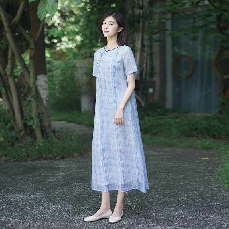 First cicadas Summer women's new improved Chinese style Art retro disc buckle light and thin print Hemp Long version of the dress