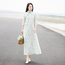 2021 original design spring and summer womens improved Chinese cheongsam vintage cotton print loose long dress