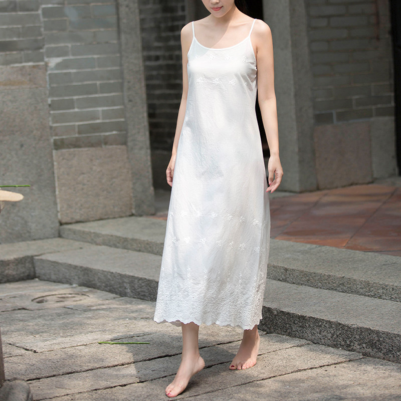 Chinese style wind women's clothing summer light thin white pure cotton colored silk slip high quality 100 hitch bottom vest harness foreign dress