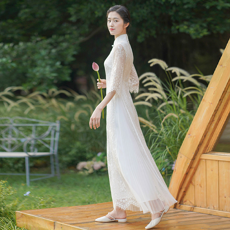 Chuchan improved cheongsam Aodai new Chinese style Chinese style white summer lace fairy retro dress (misty)