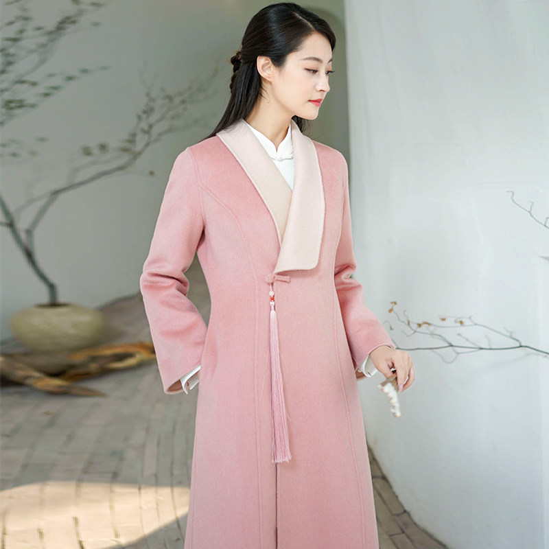 Chinese windy winter double face Coat Pink Chinese Hanfu Qipao Zen Tea Suit Thickened High-end Cashmere Coat Woman