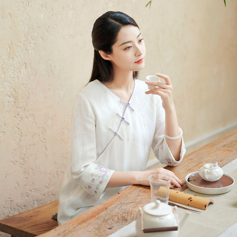 Cicadas Chinese Wind Zen Serie A tea man 2022 Summer retro high-end flax cotton linen white fairy air dress