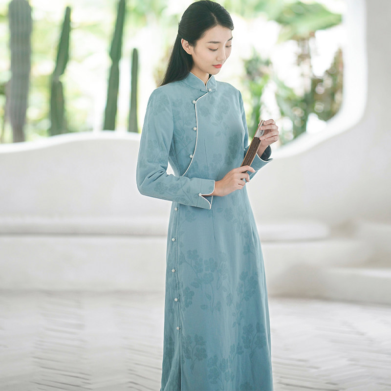 Chu Chan autumn and winter Chinese style national style 2022 new women's long version retro cotton and linen improved cheongsam Zen tea dress - Taobao
