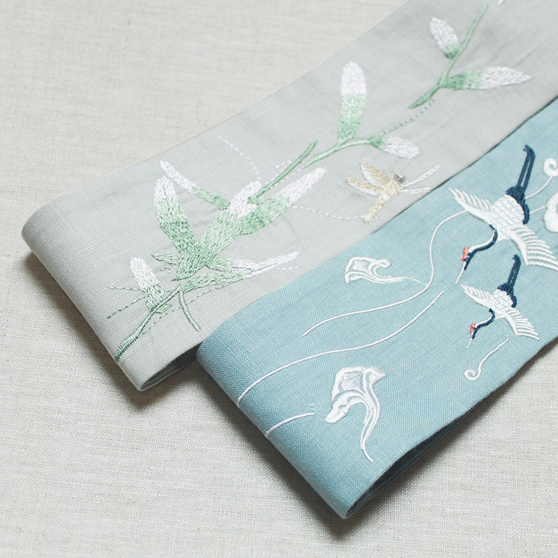 Chinese style retro Joker Hanfu accessories Ancient style cotton linen Chinese embroidery crane embroidery decoration waist belt