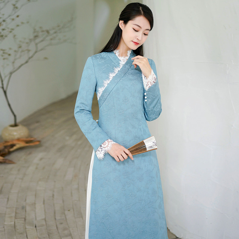Chinese wind high-end qipao, autumn and winter style, improved hanfu cotton linen women's clothing thick and warm Zen tea suit odeo dress