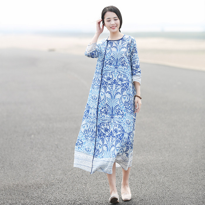 First cicadas retro original 2022 Summer women's clothing Chinese windy Chinese style printed national wind pure hemp cotton numb dress
