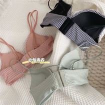 Sweet girl Vintage plaid bow thin cup micro-gathered comfortable underwire-less bra set