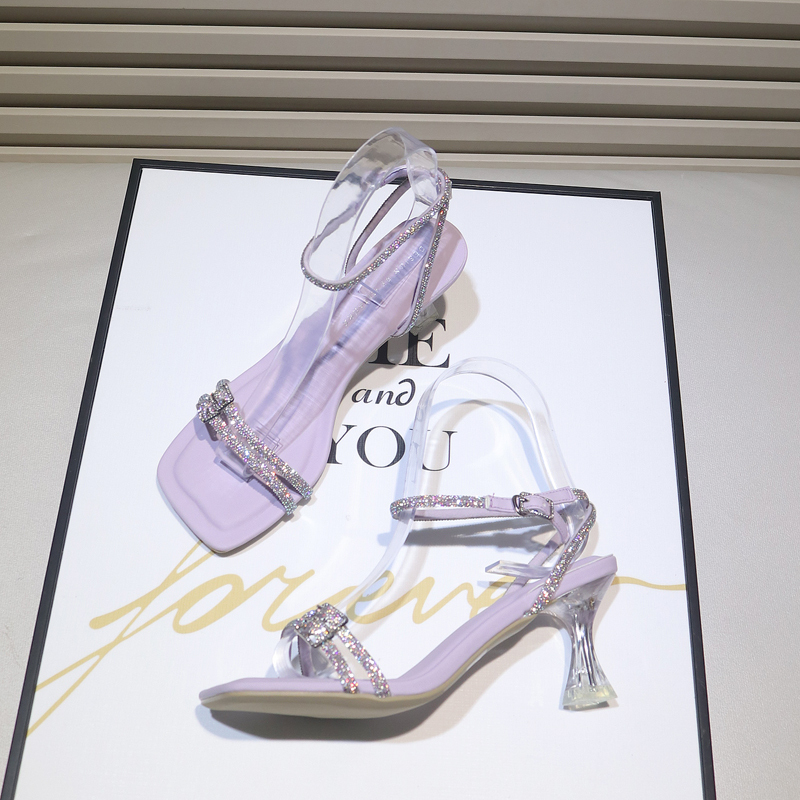 Rhinestone Open-Toe Stiletto Sandals for Women 2024 Summer New Style Mid-Heel Elegant Fairy Style Square-Toe High Heels
