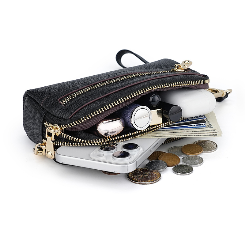 First-Layer Cowhide Simple Mini Clutch Bag Three-Layer Zipper Coin Purse Genuine Leather Money Bag Key Coin Bag Large Capacity