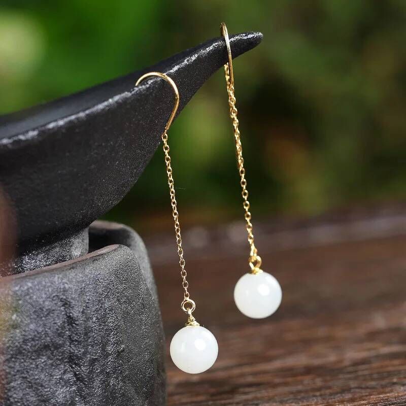 Xi Zhan Xuan Natural and Tian Baiyu Jade Round Pearl Necklace Silver Gilded Goat Grease Jade Popularity Earrings Earrings Retro Belt Certificate