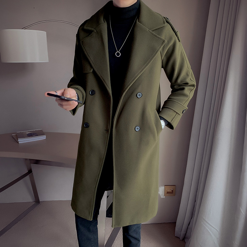 Men's windbreaker winter military green temperament double breasted woolen coat fashion Korean version loose medium long woolen coat