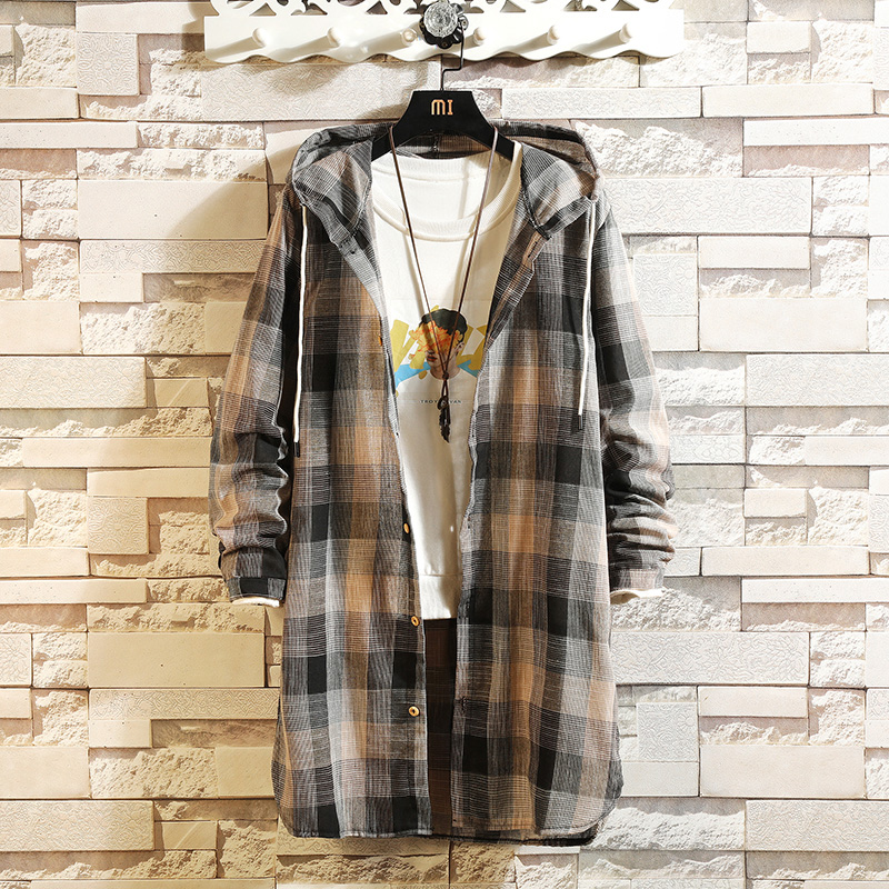 Plaid breathable thin jacket Men's hooded couple sunscreen clothes trend handsome summer medium and long version windbreaker