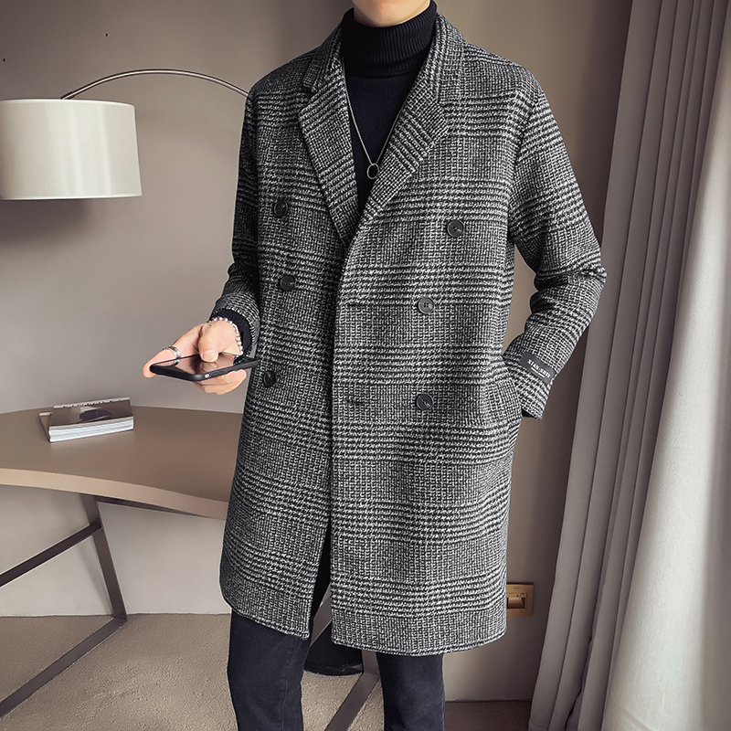 Autumn and winter plaid coat boys tide brand Korean version of the young handsome men casual double-row buckle hair in the long version of the windshield