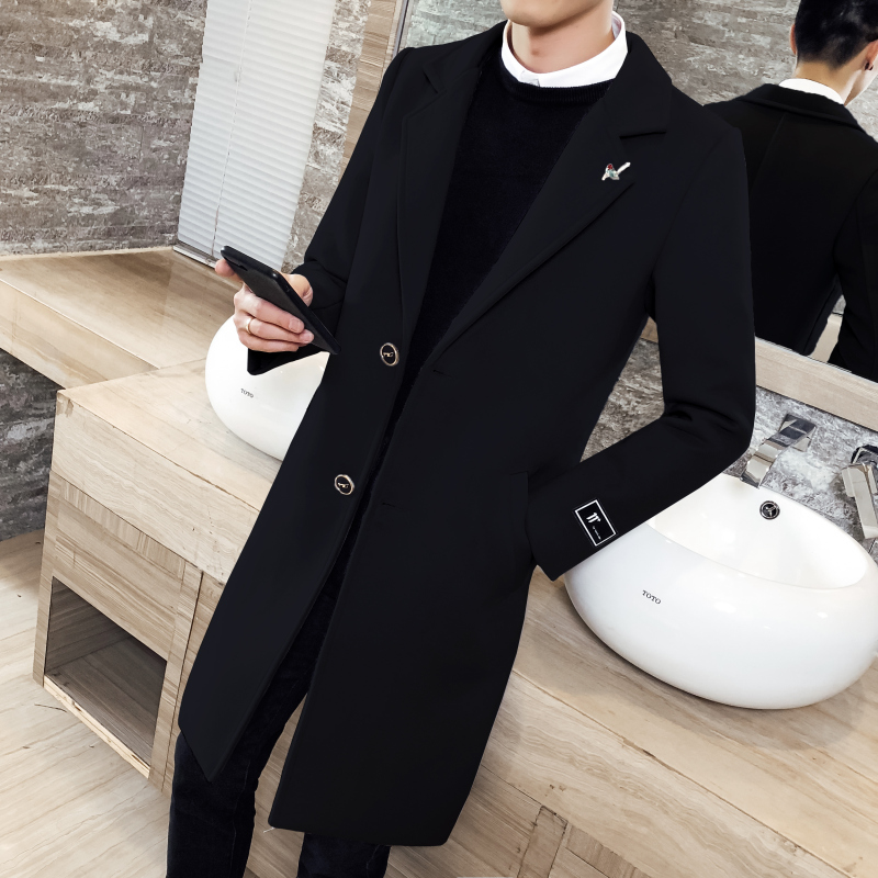 Wool coat men's new autumn and winter Korean version of the long version of the coat black trend boys slim windbreaker