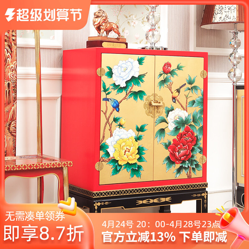 Apache New Chinese Classical Painting Gold Foil Peony Shutdown Cabinet Hall Customized Solid Wood Retro Furniture