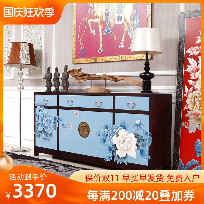 Customizable modern new Chinese dining cabinet hand painted peony living room blue decorative cabinet entrance hall entrance TV cabinet