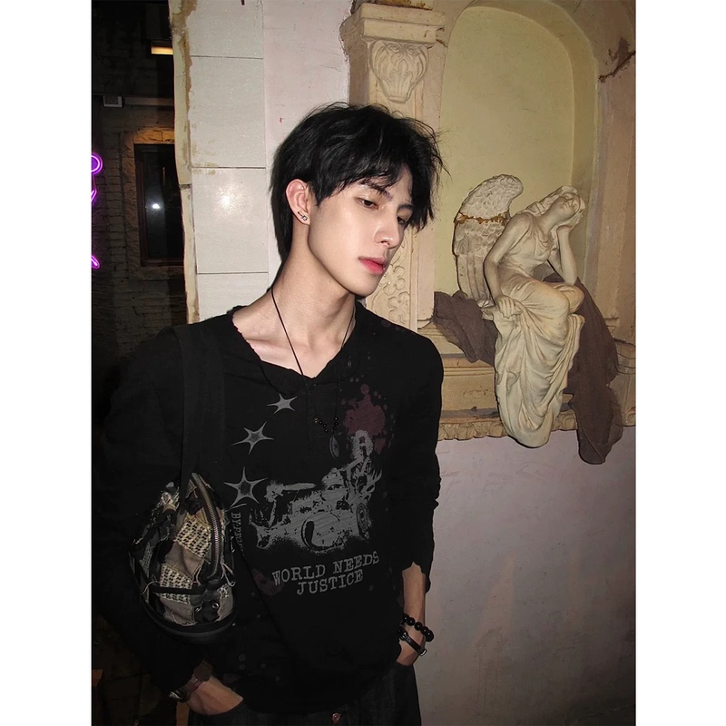 Spring and Autumn Thin Subculture Black Long-Sleeve T-Shirt for Men, Retro Henry Collar Base Layer Shirt, Y2K Light Subculture Top