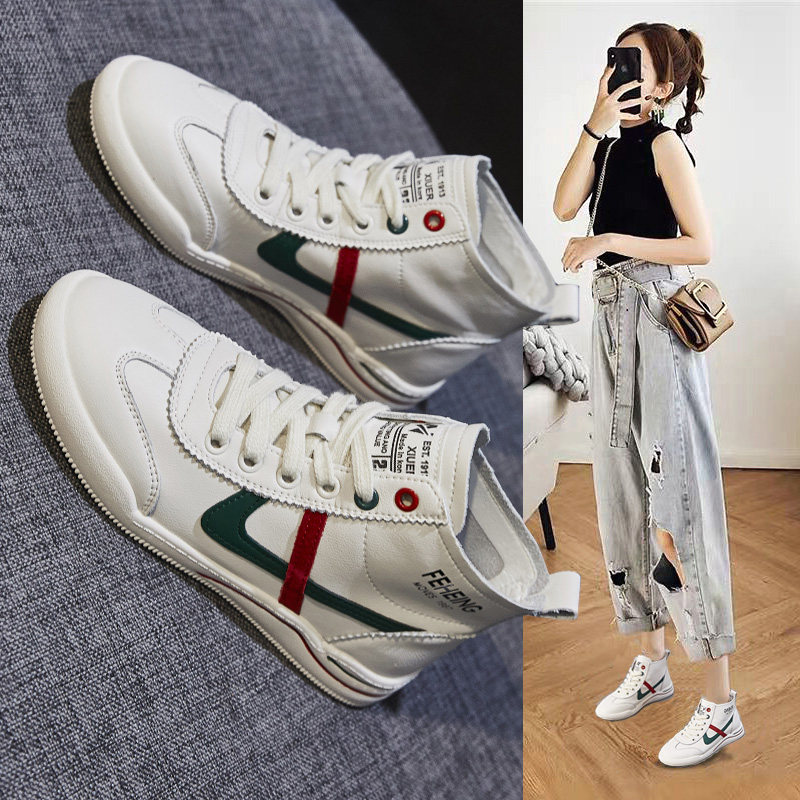 Versatile spring summer high-top shoes women's flat leather small white shoes 2022 new women's shoes ins trend sports casual shoes