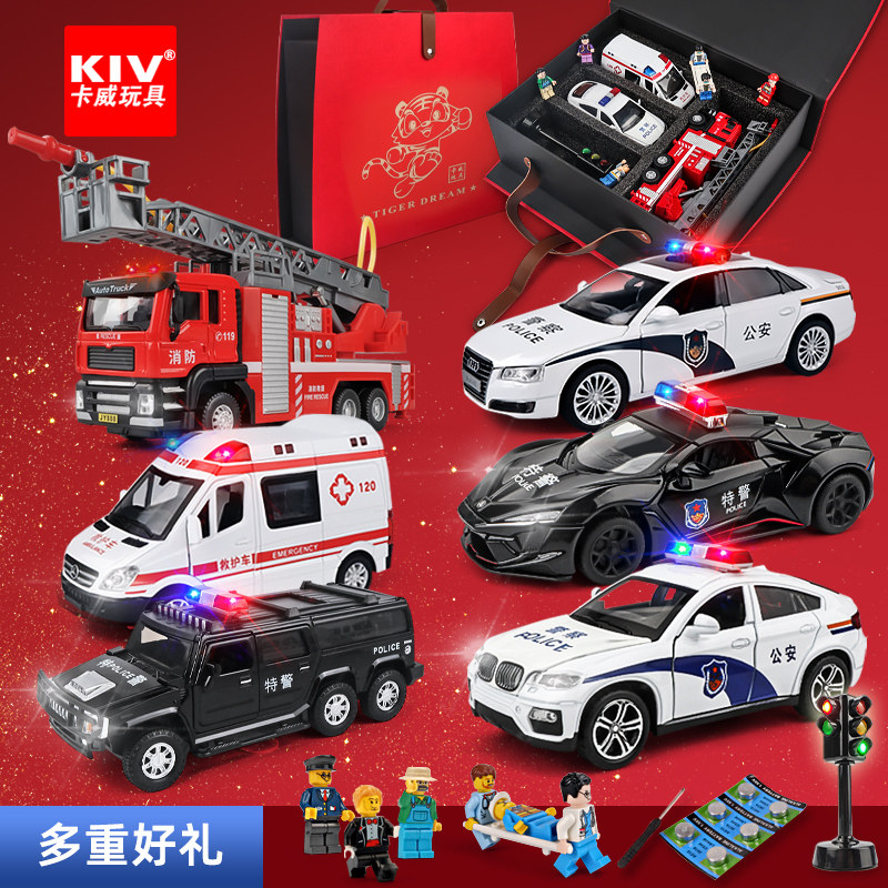 New year gift children's fire truck Toy Book police car toy car ambulance boy set alloy car
