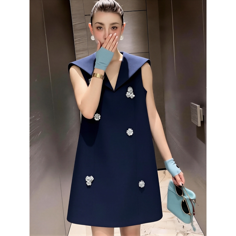 High-End Design, Hepburn-Style Navy Collar, Fashionable Dress, Women's Summer Sleeveless Slimming Dress, Light Luxury Dress