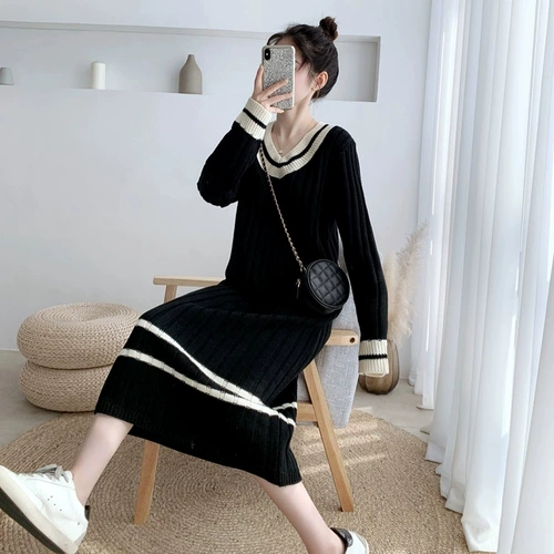 Черное осеннее шерстяное платье, брендовое длинное трикотажное платье, 2025 года, свободный крой, длина макси