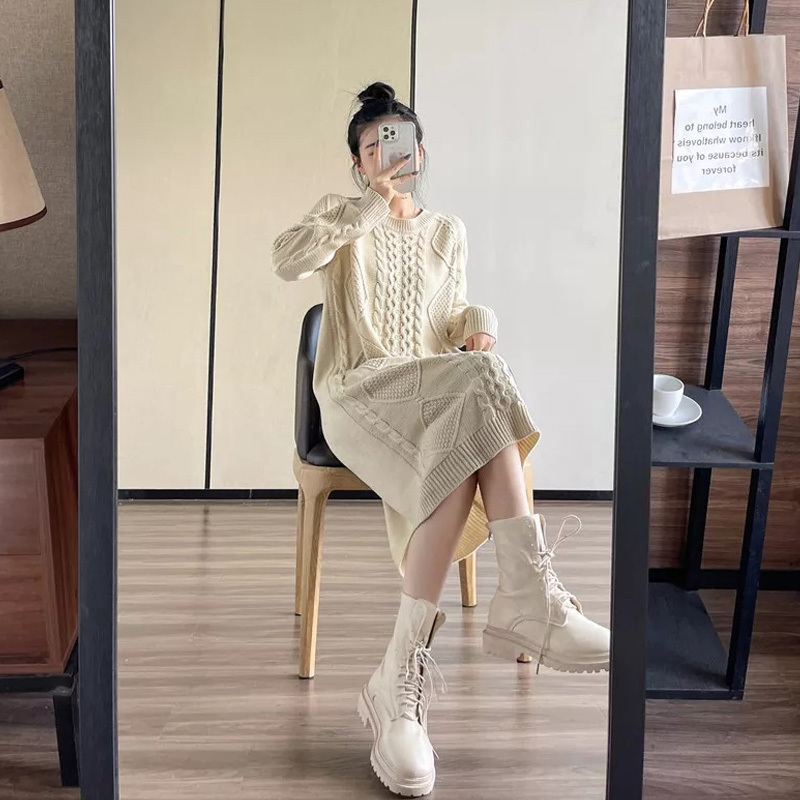 Korean Style Heavy-Duty Twist-Knit Dress for Women, 2026 Spring and Autumn New Round-Neck Loose Long-Sleeve Sweater Dress Korean Style Heavy-Duty Twist-Knit Dress for Women, 2026 Spring and Autumn New Round-Neck Loose Long-Sleeve Sweater Dress