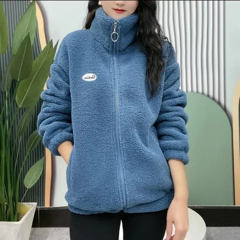 Fleece-Lined Integrated Fleece Jacket for Women, Autumn and Winter Casual, Age-Reducing, Stylish, Thickened Stand-Up Collar, Particle Fleece, Warm Lamb Wool Cotton Coat
