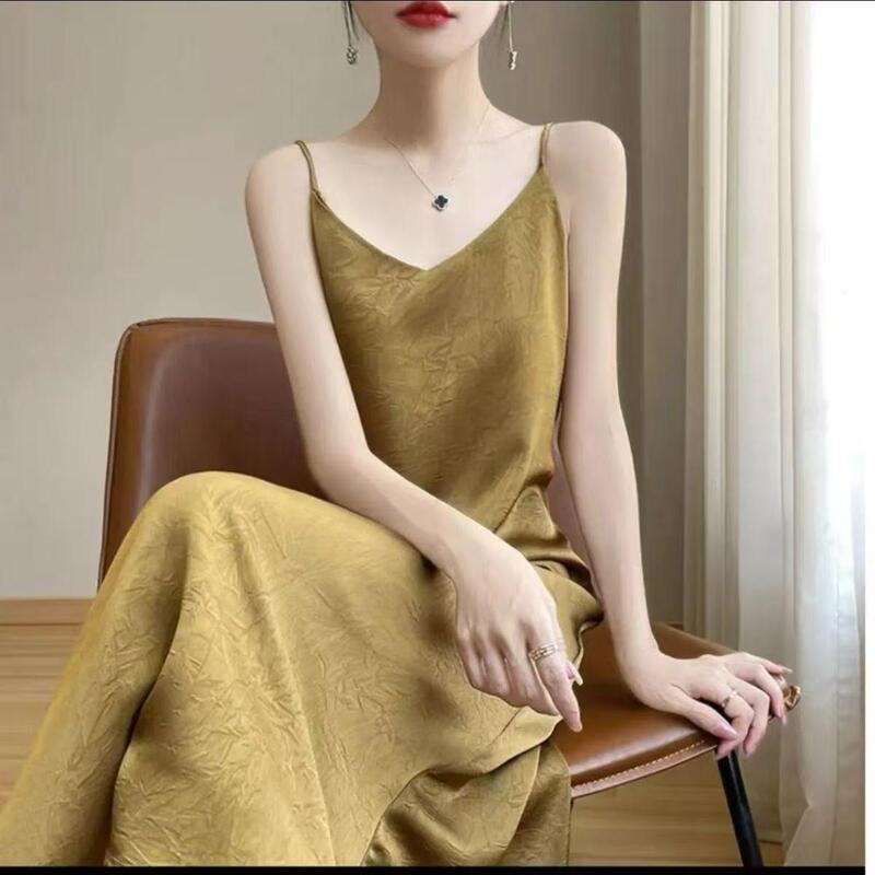 (Cracked Satin) 2025 Summer New Acetate Cracked Satin Strap Dress Slimming and Flattering, Versatile and Elegant