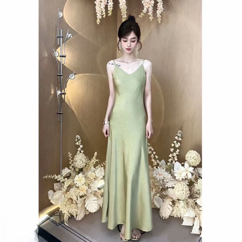 [Two Lengths] Acetate Satin Textured Dress with Bias Cut, Elegant and Versatile Maxi Slip Dress