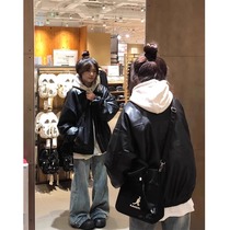American retro motorcycle wear PU leather jacket jacket for women spring and autumn 2023 new Korean style loose top trendy brand