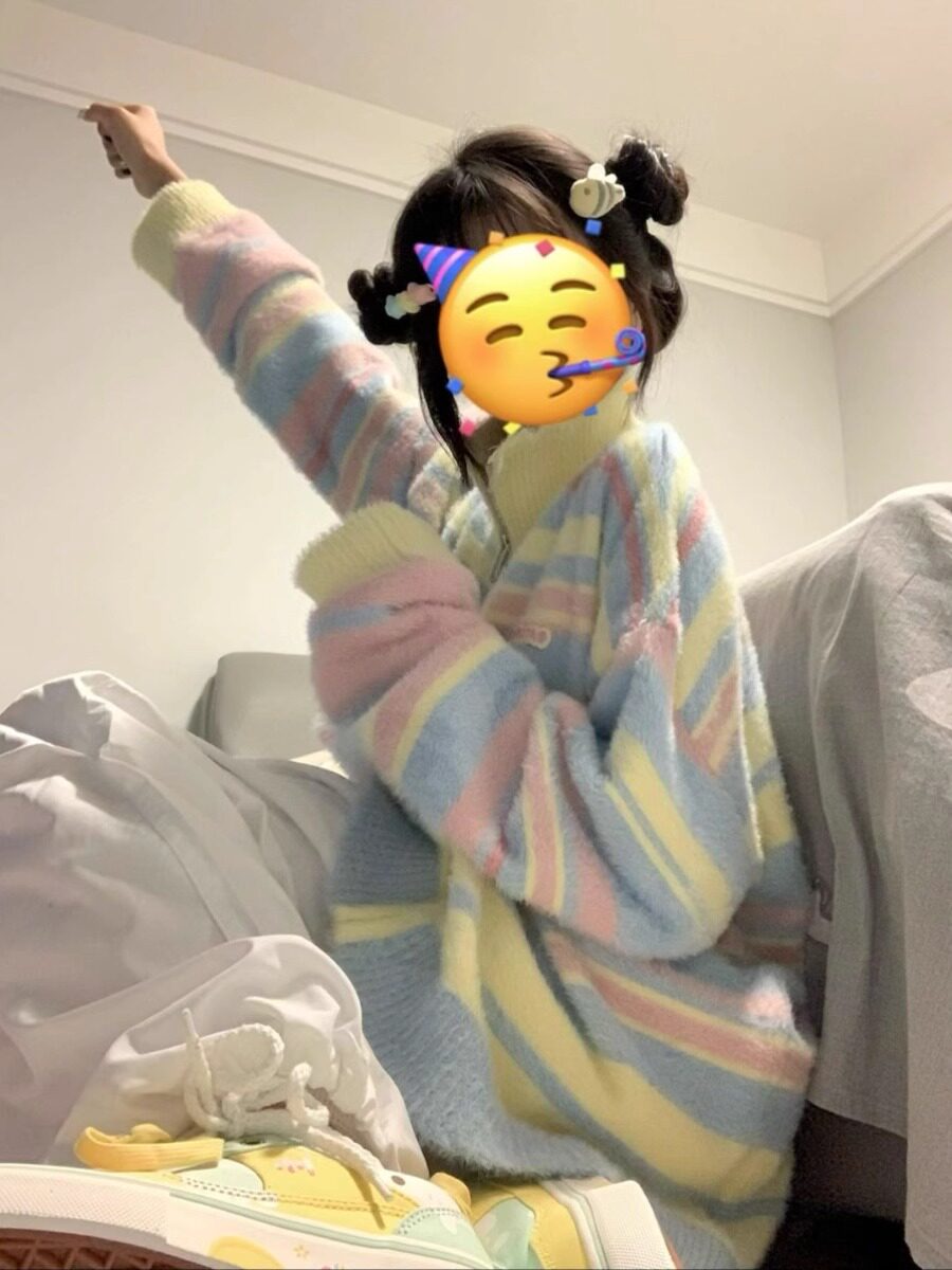 Day Ensemble Retro Rainbow Stripe Semi-High Collar Sweater Jacket Woman Spring Autumn Milk Fufu Bangs LAZY KNIT CARDIOVERT BOOM-TAOBAO