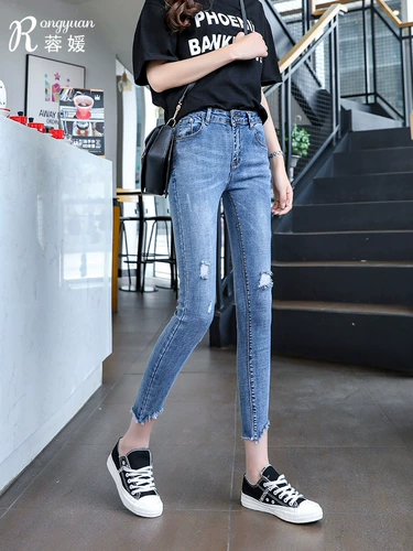 Джинсовые весенние летние тонкие штаны, приталенный карандаш, высокая талия, облегающий крой, подходит для подростков
