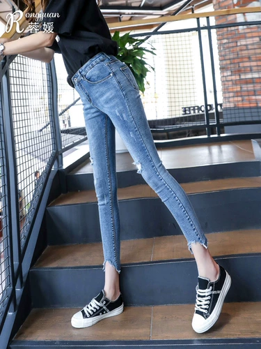 Джинсовые весенние летние тонкие штаны, приталенный карандаш, высокая талия, облегающий крой, подходит для подростков