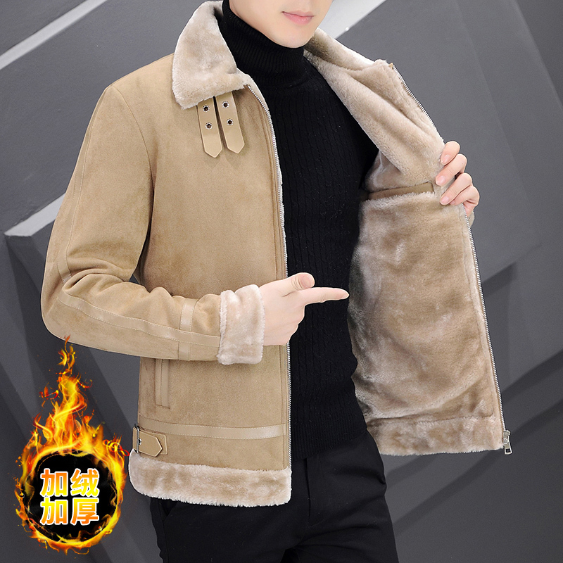 Winter Men's Short Suede Leather Jacket with Integrated Fur, Thickened Lamb Wool, Turn-Down Collar, Motorcycle Jacket Winter Men's Short Suede Leather Jacket with Integrated Fur, Thickened Lamb Wool, Turn-Down Collar, Motorcycle Jacket