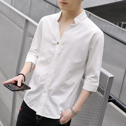 Дышащая рубашка, футболка, китайский стиль, из хлопка и льна, короткий рукав