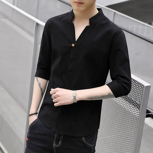 Дышащая рубашка, футболка, китайский стиль, из хлопка и льна, короткий рукав