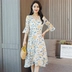 Mát aga mùa thu thời trang V-Cổ ngắn tay in tính khí hoang dã phần dài eo dress 8028 váy hoa váy đầm