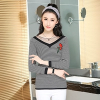 Mát mẻ mùa thu mới thời trang cổ chữ V sọc dài tay đô thị Slim áo len thêu cotton 542 áo len dáng dài