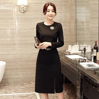 Mát ga mùa xuân mới giữa váy dài tay thời trang vòng cổ màu rắn ngọt dress 081 mà không có vành đai đầm dự tiệc cưới