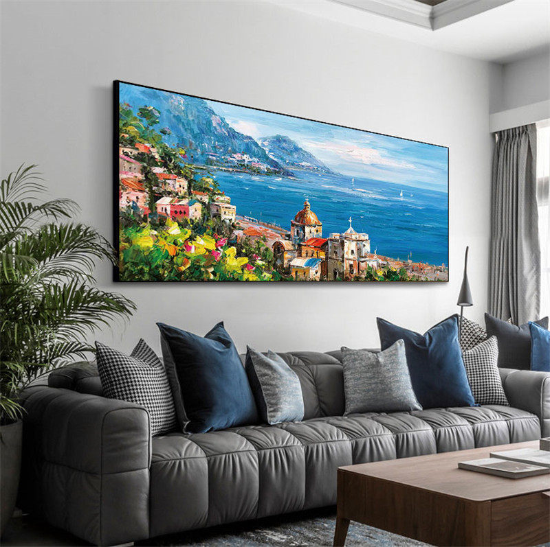 Facing the sea hand-painted large scenery decoration painting modern minimalist painting Living room sofa Wall hanging painting custom oil painting