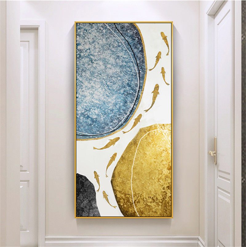 Light luxury porch decorative painting handmade oil painting aisle mural hanging painting gold foil stone to run the nine fish map to attract wealth and feng shui