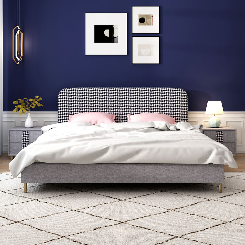 Nordic houndstooth fabric bed removable and washable 1 5 m 1 8 m small apartment modern minimalist high box solid wood secondary bed