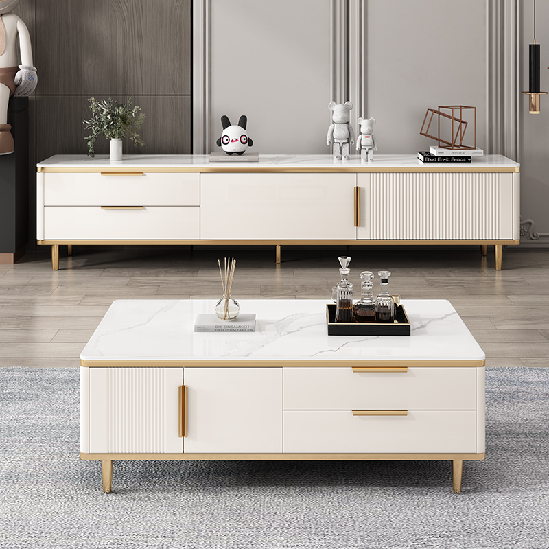 TV cabinet minimalist modern tea table TV enclosure combined small family living room full solid wood rock plate light and luxurious TV cabinet-Taobao